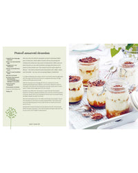 A cookbook spread from Simon & Schuster's Picnic shows an amaretti tiramisu recipe beside a photo of four jars filled with layered tiramisu, topped with chocolate, set on a white tray with a spoon and flowers in the background.