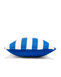 The Euro Throw Pillow - Crew Mediterranean Blue Stripe by Business & Pleasure Co features Mediterranean blue and white horizontal stripes on a white background. Spill resistant for carefree outdoor lounging.