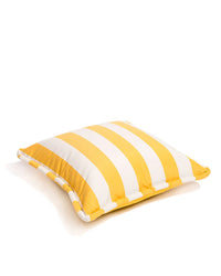 The Euro Throw Pillow - Crew Mimosa Yellow Stripe by Business & Pleasure Co features yellow and white horizontal stripes with piped edges, designed for outdoor use, shown resting on a white background.