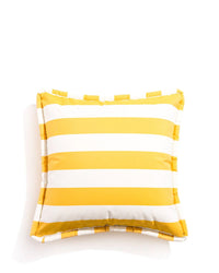 The Euro Throw Pillow - Crew Mimosa Yellow Stripe by Business & Pleasure Co features bold yellow and white stripes with ruffled edges and fabric loops. Designed for outdoor use, it’s spill and stain resistant, shown against a plain white background.