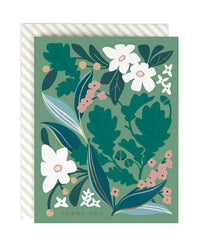 The Daphne Floral Thank You single card by Amy Heitman features green tones with white flowers and leaves. Its blank interior lets you personalize your message, making it perfect for expressing gratitude.