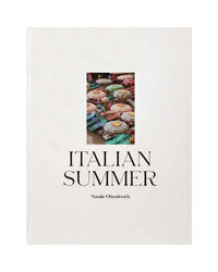 The Italian Summer book cover from Simon & Schuster features colorful striped beach umbrellas in Natalie Obradovich's signature style, evoking Italian beach towns, with bold black text on a white background.