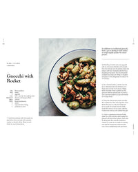 A bowl of gnocchi with sautéed mushrooms and rocket sits on a light surface. The recipe appears beside the image in a clean layout from "Veggies, Every Day of the Week" by Cozy Publishing—ideal for any vegetarian cookbook.