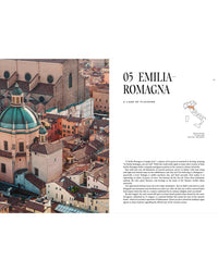 Aerial view of terracotta rooftops and a green-domed church in Italy. Text reads "Travel Guide: Somewhere in Italy" by Cozy Publishing—includes a map highlighting Emilia-Romagna, ideal for your next Italian adventure.