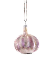 The Garlic - Pink Ornament by Cody Foster is a hand-crafted glass decoration shaped and painted like a garlic bulb, hanging from a thin string against a white background.