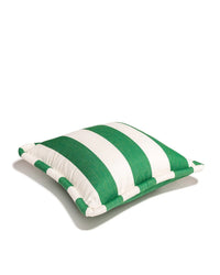 The Small Square Throw Pillow - Crew Canyon Green Stripe by Business & Pleasure Co features bold green and white stripes. Its spill and stain resistant fabric makes it perfect and durable for outdoor use. Shown on a white background.
