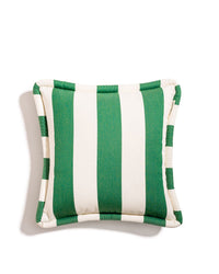 The Small Square Throw Pillow - Crew Canyon Green Stripe by Business & Pleasure Co features bold green and white stripes with a matching piped edge. Its spill- and stain-resistant fabric is ideal for any outdoor space.