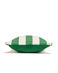 The Small Square Throw Pillow - Crew Canyon Green Stripe by Business & Pleasure Co is shown lying flat on a white background; its green and white stripes and spill- & stain-resistant fabric make it ideal for outdoor use.