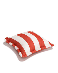 The Small Square Throw Pillow - Crew Le Sirenuse Stripe by Business & Pleasure Co features bold red and white stripes and durable fabric, making it a stylish addition to your indoor-outdoor pillow collection.