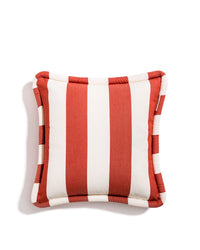 The Small Square Throw Pillow - Crew Le Sirenuse Stripe by Business & Pleasure Co features bold red and white vertical stripes with a matching border, crafted from durable Pleasuretex fabric for both indoor and outdoor use.