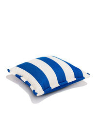 The Small Square Throw Pillow - Crew Mediterranean Blue by Business & Pleasure Co features bold blue and white stripes on spill- and stain-resistant fabric, perfect for outdoor use. Shown on a white background.