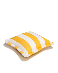 The Small Square Throw Pillow - Crew Mimosa Yellow Stripe by Business & Pleasure Co features yellow and white horizontal stripes, rounded edges, piping, and stain-resistant Pleasuretex fabric, shown on a white background.
