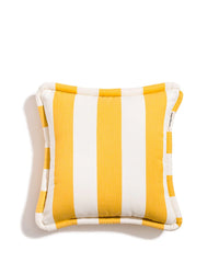 The Small Square Throw Pillow - Crew Mimosa Yellow Stripe from Business & Pleasure Co features bold yellow and white stripes with a piped edge, made from durable Pleasuretex fabric, shown on a white background.