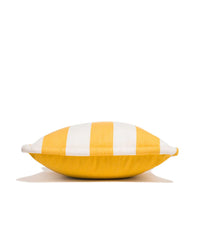 The Small Square Throw Pillow - Crew Mimosa Yellow Stripe by Business & Pleasure Co features bold yellow and white stripes, shown side view on white. Made from durable, stain-resistant Pleasuretex fabric.