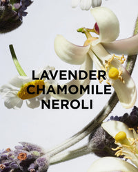 Close-up of chamomile, lavender, and neroli flowers on white with "LAVENDER CHAMOMILE NEROLI" in bold black—perfect for featuring Rosie Jane’s Calm Body + Bath Oil.