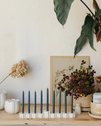 A minimalist wooden shelf features The Floral Society's Fleur Menorah with nine unlit Hanukkah candles, potted plants, a dried hydrangea, a framed botanical print, and ceramic containers against a light-colored wall.