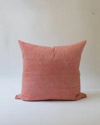 The Rekha Linen Pillow - 18 x 18 in Rojo by Soil to Studio features a red and white small geometric houndstooth pattern, hand block-printed on linen, shown against a plain light background.