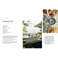 A recipe page titled Summery Dip includes ingredients and instructions on the left. On the right, inspired by Cozy Publishing’s Four Seasons of Cabin Cooking, are photos of an outdoor table and the dip with chips, veggies, and fruit.