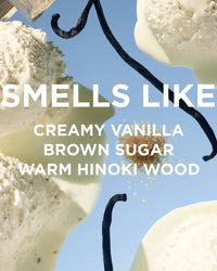 Scoops of vanilla ice cream with vanilla beans and brown sugar crystals; bold text reads “SMELLS LIKE CREAMY VANILLA BROWN SUGAR WARM HINOKI WOOD”—inspired by Rosie Jane’s Dulce Everyday Body Wash—on a light blue background.