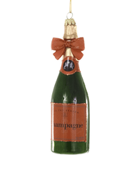 Hand-crafted by Cody Foster, the Champagne With Bow- Orange Ornament features a festive orange label and bow, hanging by a gold string—a cheerful addition to your holiday tree.