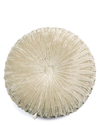 The Casa Amarosa Velvet Round Pillow in Biscotti is a handcrafted, pleated cushion with a central button and side fabric tag, viewed from above on a white background—a stylish decorative accent.