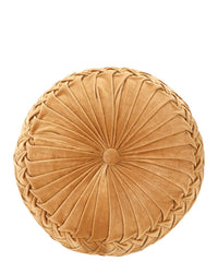 Casa Amarosa’s Velvet Round Pillow in Clay features a plush texture, radial pleats, central button, and braided edges—an elegant decorative accent pillow against a white background.