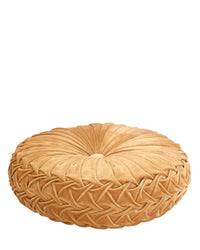 Elevate your decor with the Casa Amarosa Velvet Round Pillow in Clay, featuring elegant pleated sides and a ruched center—an ideal decorative accent for any space.