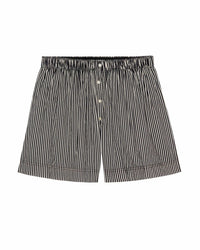 The Sleep Boxer Short in Black & Cream Crew Stripe by the Great. Sleep, made from 100% cotton with an elastic waistband and front buttons, features black and cream vertical stripes and is laid flat on a white background.