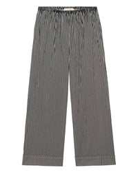 The Easy Sleep Pant in Black & Cream Crew Stripe by the Great. Sleep—loose-fitting cotton pajama pants with an elastic waistband and wide legs, shown flat on a white background.