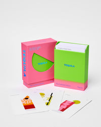 The Cocktail Cabinet: Tequila by Random House comes in a pink and green box, featuring vibrant cocktail recipe cards with minimalist designs that showcase a variety of tequila cocktails.