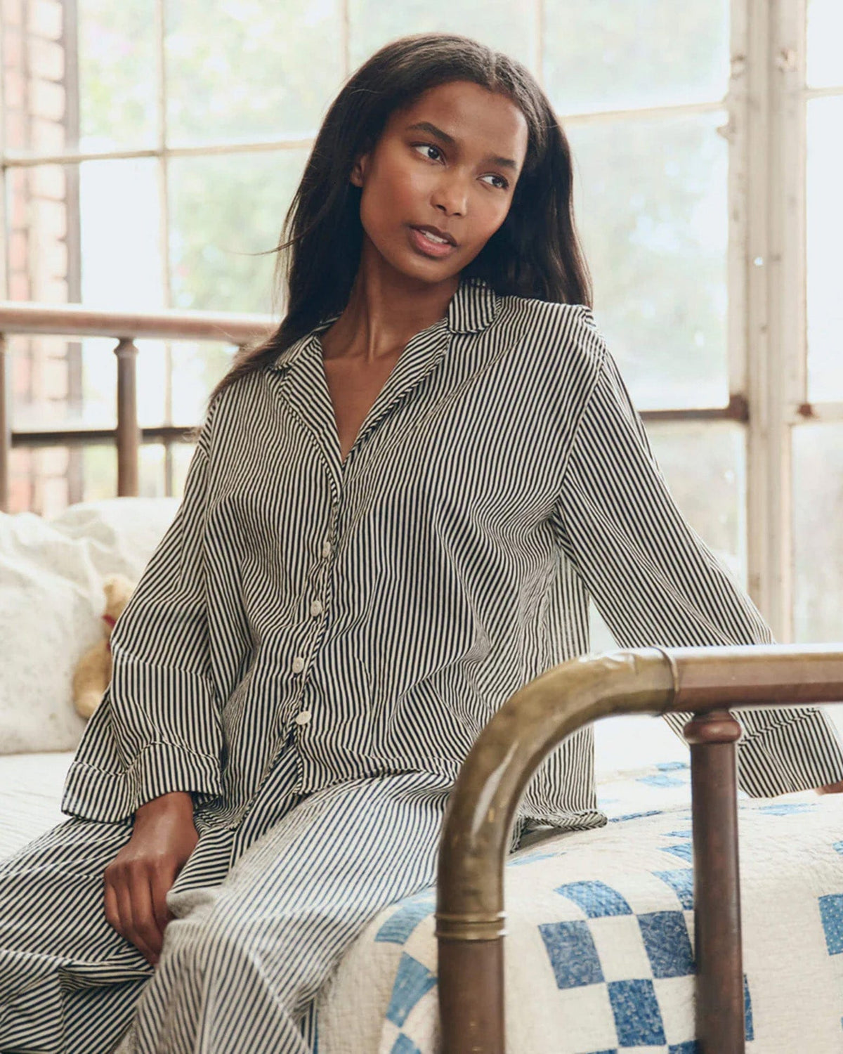 The Pajama Shirt in Black & Cream Crew Stripe