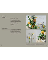 A two-page spread from "The Potted Garden – All Year Round" by Cozy Publishing features plant supply tips on the left and four photos on the right, showcasing a seasonal arrangement with yellow-white flowers, tools, and craft materials.