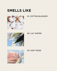A graphic shows three labeled images: 01. Cotton Blossom, 02. Lily Water, and 03. Soft Rose—scents inspired by White Tee Body + Hair Perfume Mist from Rosie Jane. The title reads Smells Like.