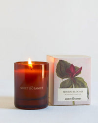 A lit Moody Blooms - Mini Candle by The Quiet Botanist in brown glass sits beside a box labeled Black Violet & Absinthe with a botanical illustration, both on a light surface. This coconut wax candle creates a tranquil ambiance.