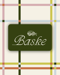 A green rectangle with “Baske” and a snail graphic on a pastel plaid background highlights the Baske Gift Card—an easy way to send digital gift cards online.