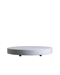The 9.8 inch Rolling Stone Plant Trolley in white terrazzo by Bergs Potter features a round, flat design with small feet and light gray finish, displayed against a plain white background.