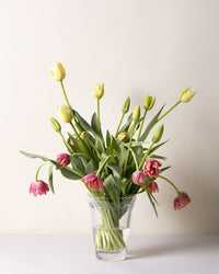 A Kobenhavner Glass Vase in Clear by Bergs Potter holds yellow and pink tulips with green leaves—some upright, others drooping—set against a plain light background.
