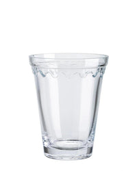 The Kobenhavner Glass Vase in Clear by Bergs Potter features a subtle decorative pattern near the rim, inspired by elegant royal Danish pottery designs, and is set against a plain white background.
