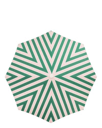 The Amalfi Umbrella - Bistro Green Stripe by Business & Pleasure Co features a green and white striped design viewed from above, forming a symmetrical pattern and providing stylish UV protection in classic Mediterranean style.