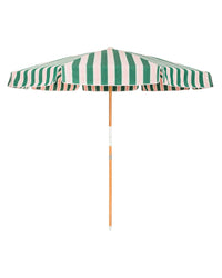 The Amalfi Umbrella - Bistro Green Stripe by Business & Pleasure Co is a Mediterranean-style beach umbrella with green and white stripes, a wooden pole, and UV protection, shown fully opened against a white background.