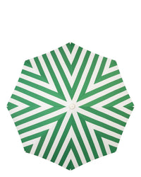 The Business & Pleasure Co Amalfi Umbrella - Crew Canyon Green Stripe features a UV-resistant canopy with green and white stripes in a geometric, symmetrical pattern viewed from above.