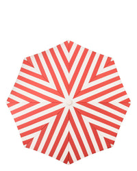 A top-down view of the Amalfi Umbrella - Crew Le Sirenuse Stripe by Business & Pleasure Co, showcasing its geometric red and white stripes. This UV-resistant beach umbrella combines style with sun protection.