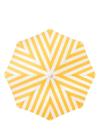 A top view of the Business & Pleasure Co Amalfi Umbrella - Crew Mimosa Yellow Stripe shows its UV-resistant, yellow and white striped canopy with a geometric pattern of alternating stripes radiating from the center.