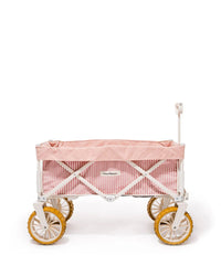 The Business & Pleasure Co Beach Cart - Laurens Pink Stripe features pink and white stripes, yellow sand wheels, a white handle, and a compact foldable design. Photographed against a white background.
