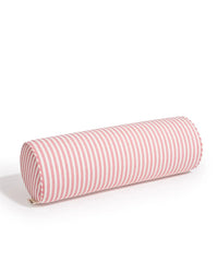 The Laurens Pink Stripe Bolster Pillow by Business & Pleasure Co features pink and white stripes on a cylindrical cover. Ideal for indoor or outdoor use, its spill, stain, and fade resistant for lasting beauty. Set against a plain white background.