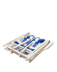 The Tommy Chair - Acacia White - Crew Mediterranean Blue Stripe by Business & Pleasure Co is a foldable wooden backpack beach chair with a blue and white striped canvas seat, light pink straps, shown collapsed flat on a white background.