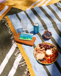 A picnic scene on the caminito Marea Lago - Blanket Roll, handwoven in Mexico, featuring a yellow plate of cheese, crackers, grapes, tomatoes, berries, a bowl of blueberries, a canned drink, two glasses, and a book with a nature-themed cover.