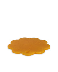 The 9in Scallop Resin Cheese/Charcuterie Board in Mustard by Casa Amarosa features a flat, yellow, flower-inspired design with a small hole near the edge, shown on a white background.