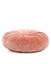 The Casa Amarosa Mini Velvet Round Pillow in Blush Pink features soft cotton velvet with decorative pleats, displayed against a plain white background.