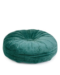 The Casa Amarosa Mini Velvet Round Pillow in Evergreen features a hand-stitched, tufted center and gathered fabric design, adding a chic accent to any space.